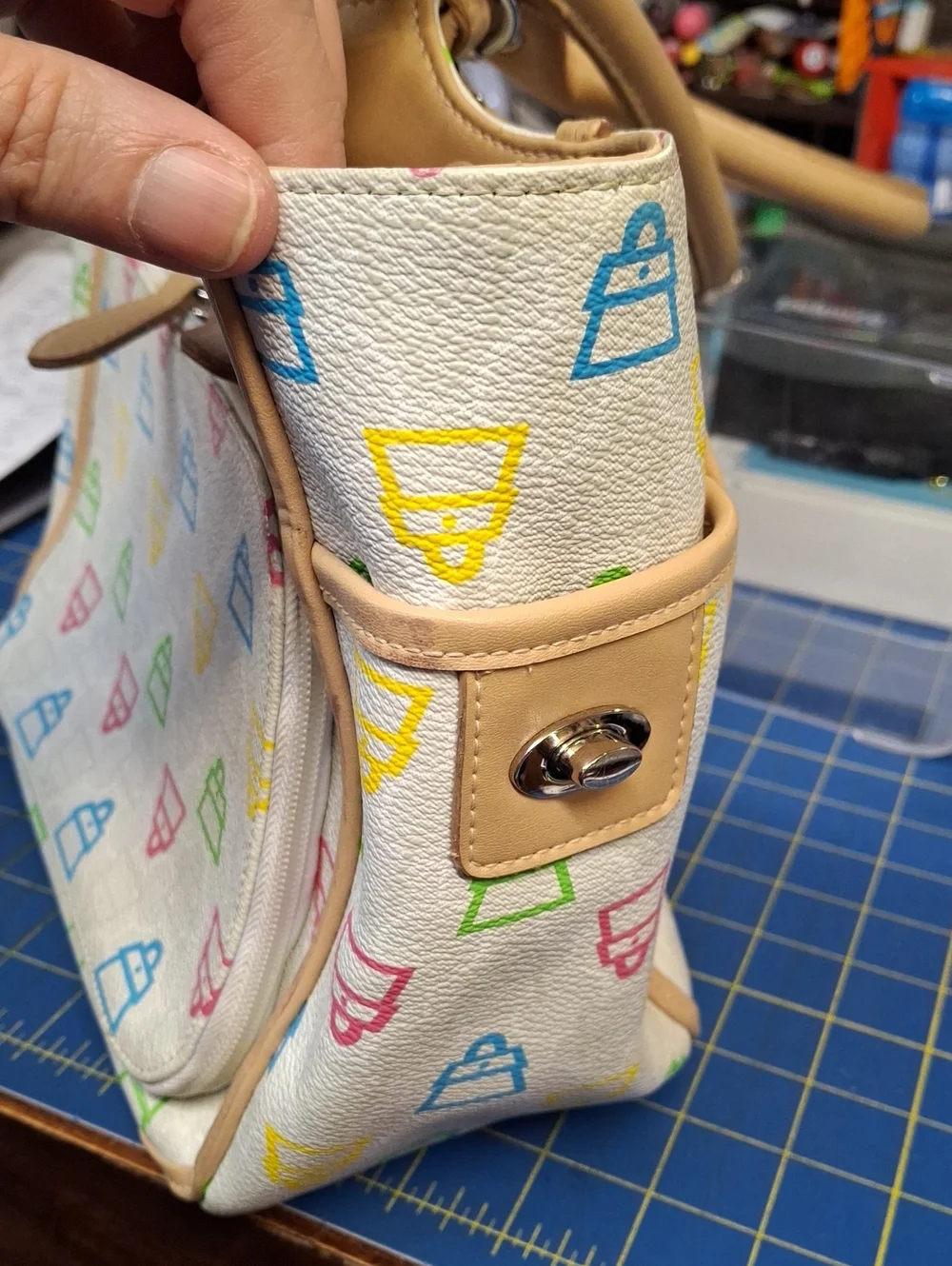 Kathy Van Zeeland Y2K Multicolor Patterned Tote Bag Tan Handles